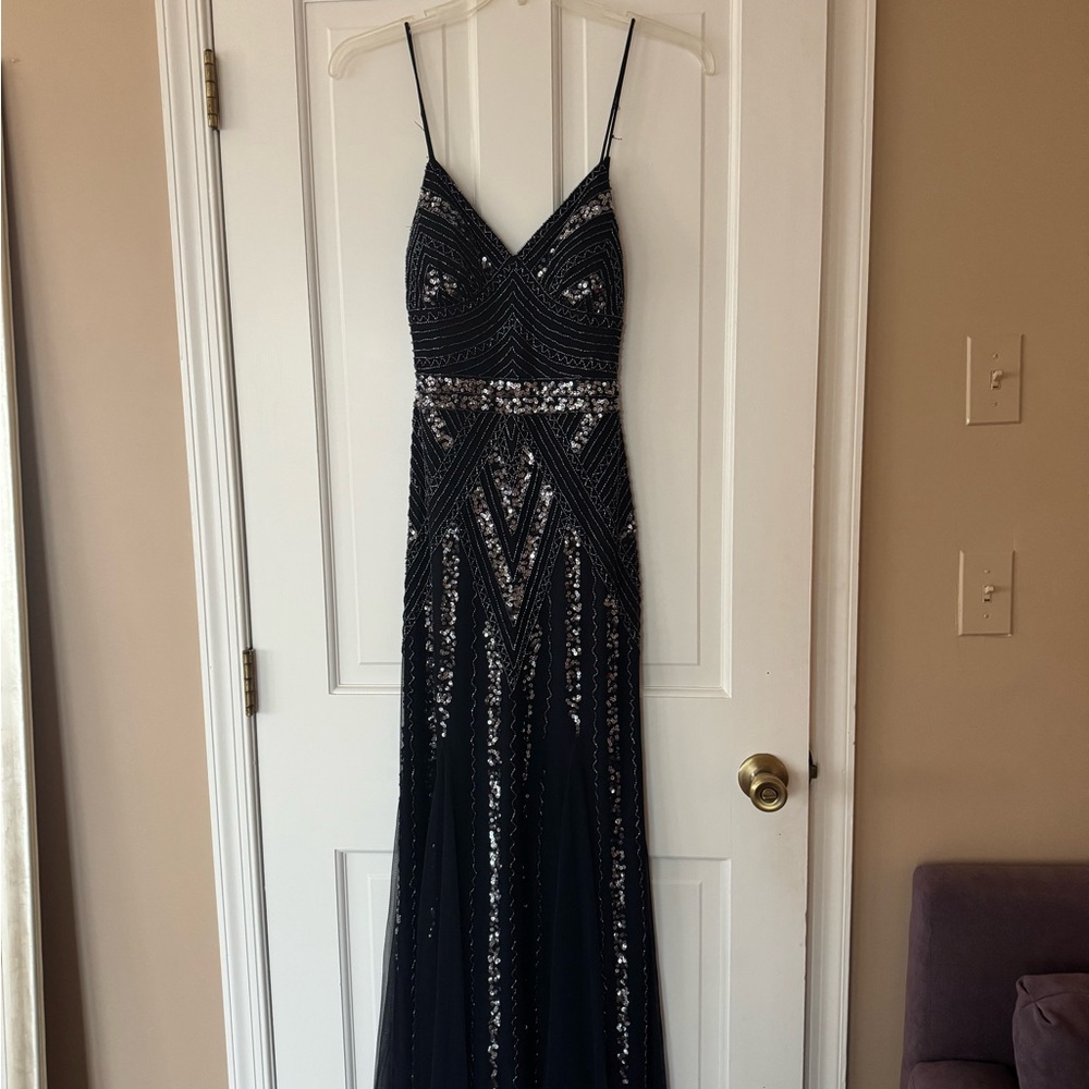 MARINA Navy and Silver Sequin Maxi Dress